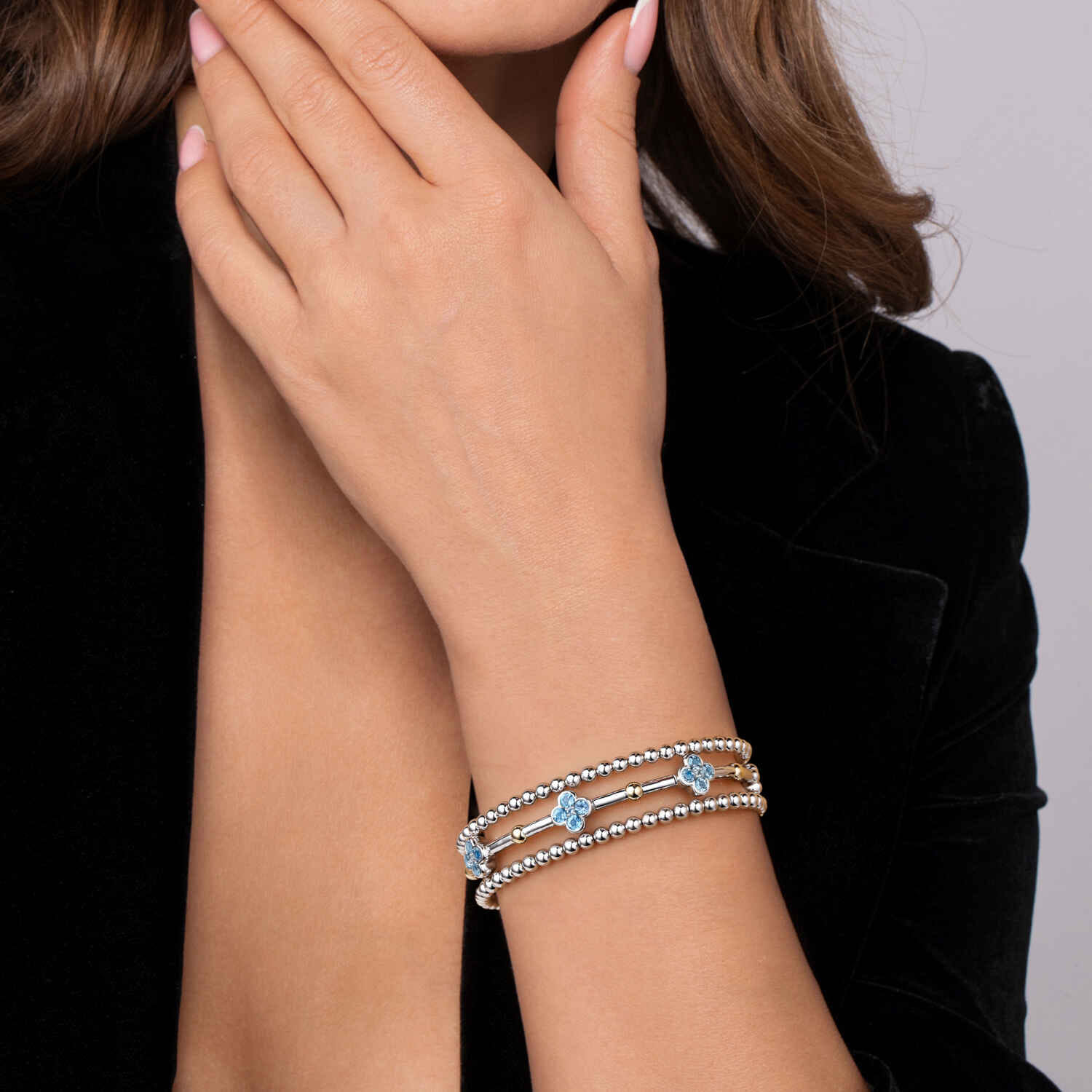 14K Yellow Gold and 925 Sterling Silver Bujukan Beads and Blue Topaz Clover Split Bangle Bracelet