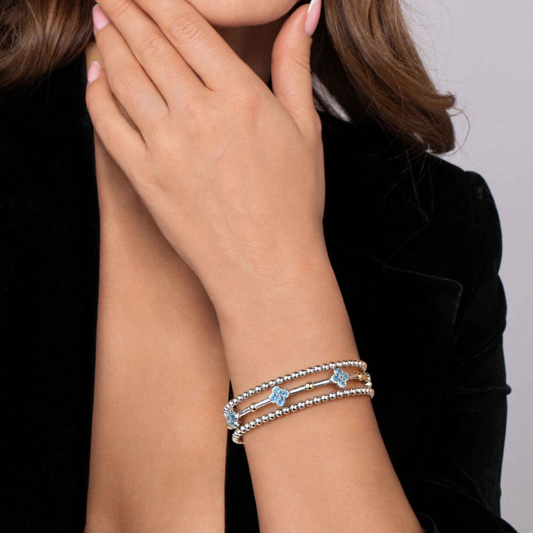 14K Yellow Gold and 925 Sterling Silver Bujukan Beads and Blue Topaz Clover Split Bangle Bracelet - Shot 4