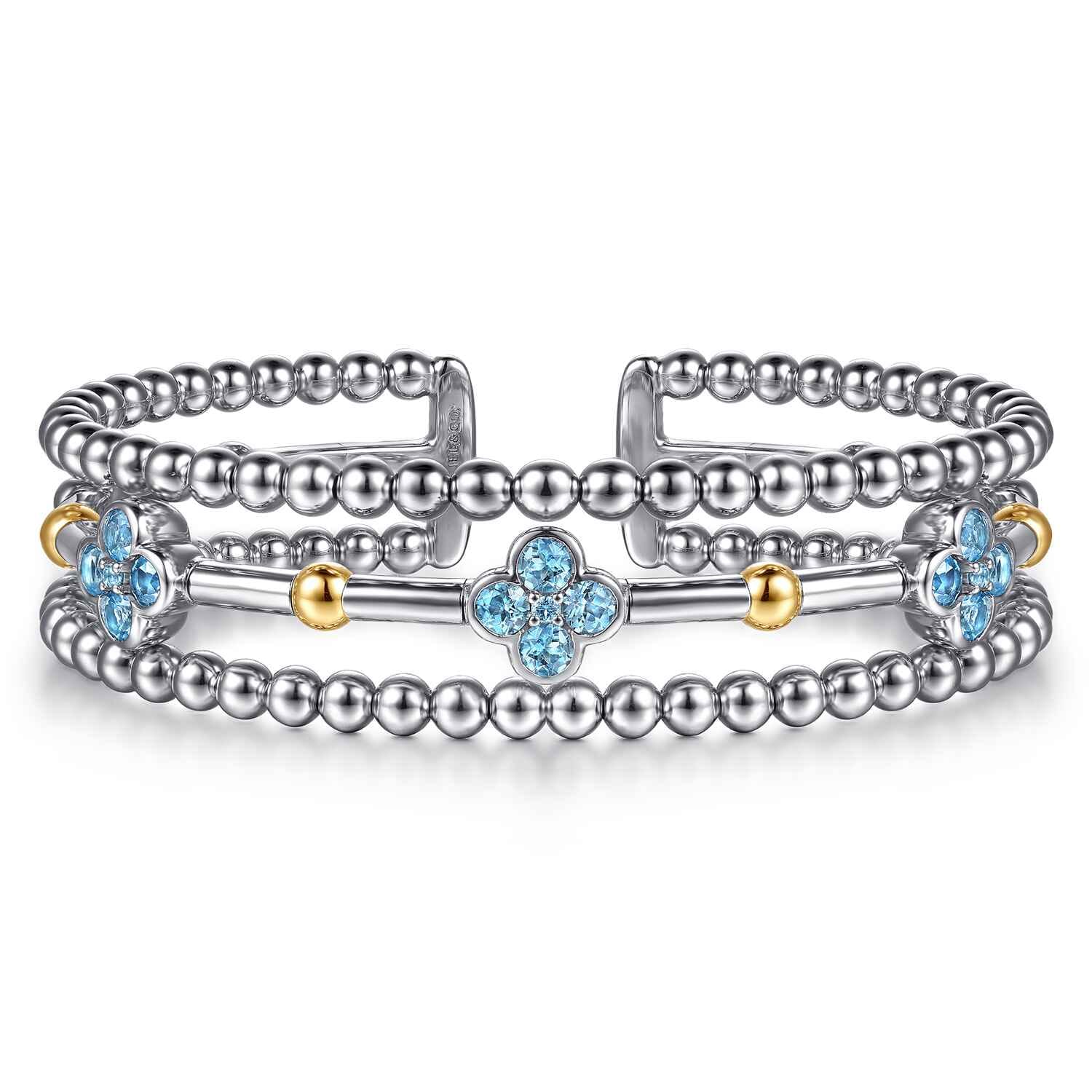 14K Yellow Gold and 925 Sterling Silver Bujukan Beads and Blue Topaz Clover Split Bangle Bracelet - Shot 1
