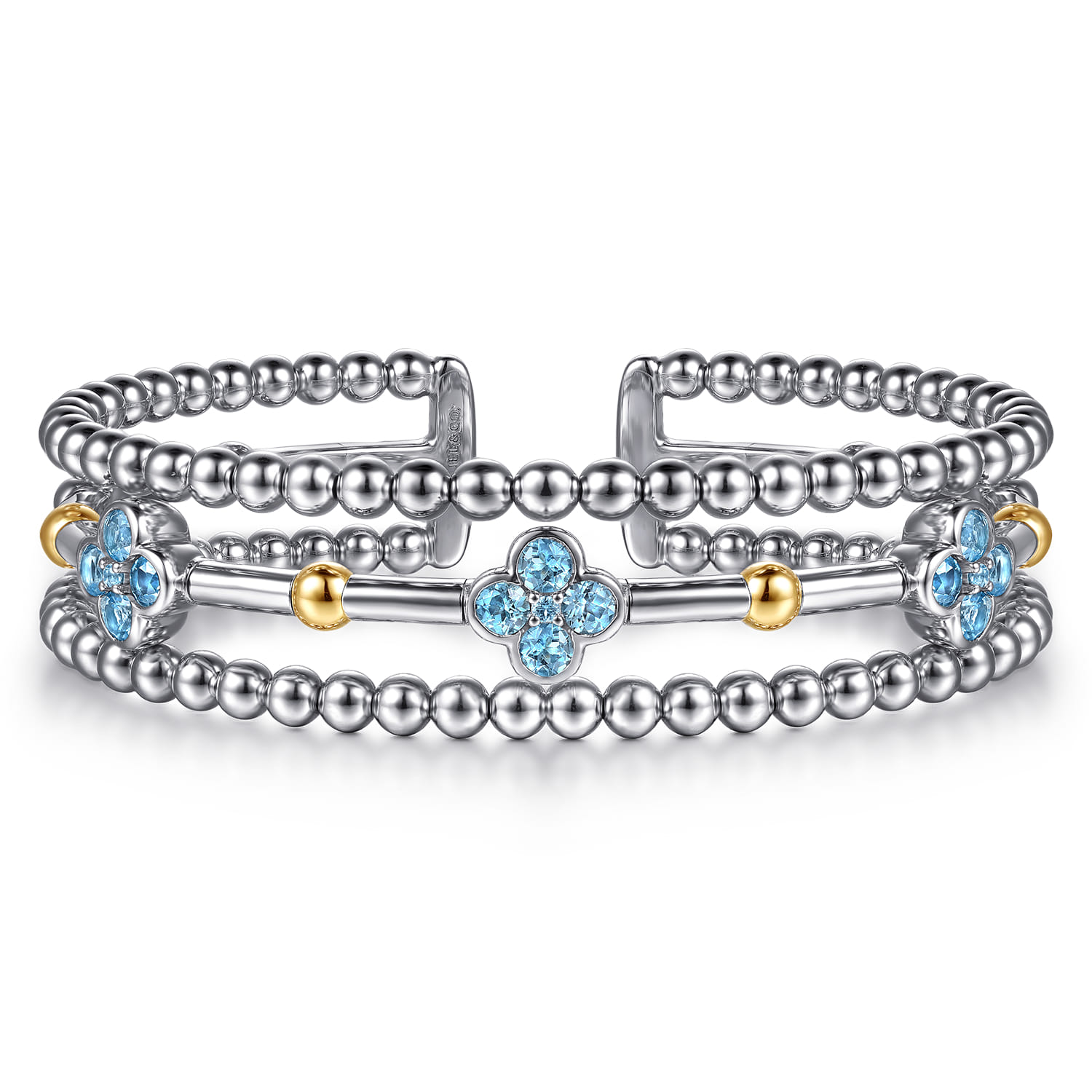 14K Yellow Gold and 925 Sterling Silver Bujukan Beads and Blue Topaz Clover Split Bangle Bracelet - Shot 1
