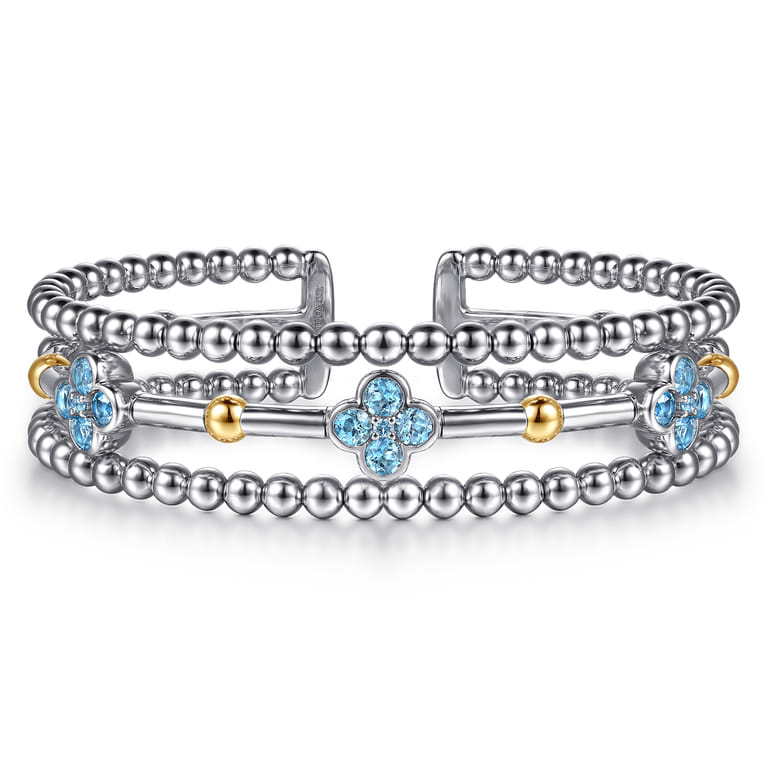 14K Yellow Gold and 925 Sterling Silver Bujukan Beads and Blue Topaz Clover Split Bangle Bracelet - Shot 1