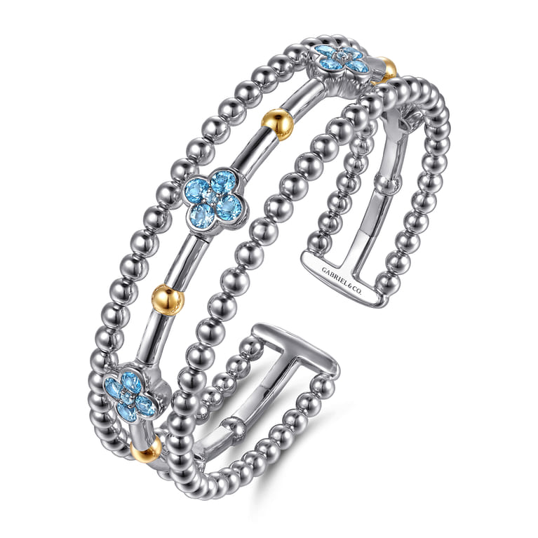 14K Yellow Gold and 925 Sterling Silver Bujukan Beads and Blue Topaz Clover Split Bangle Bracelet - Shot 2
