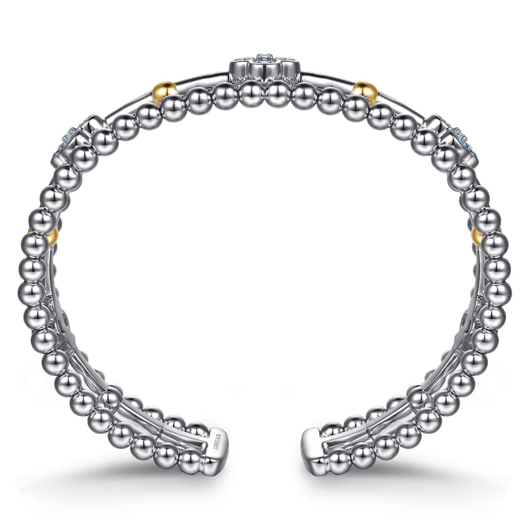 14K Yellow Gold and 925 Sterling Silver Bujukan Beads and Blue Topaz Clover Split Bangle Bracelet - Shot 3