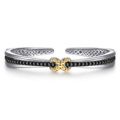 14K Yellow Gold and 925 Sterling Silver Bujukan Black Spinel Criss Cross Bangle Bracelet