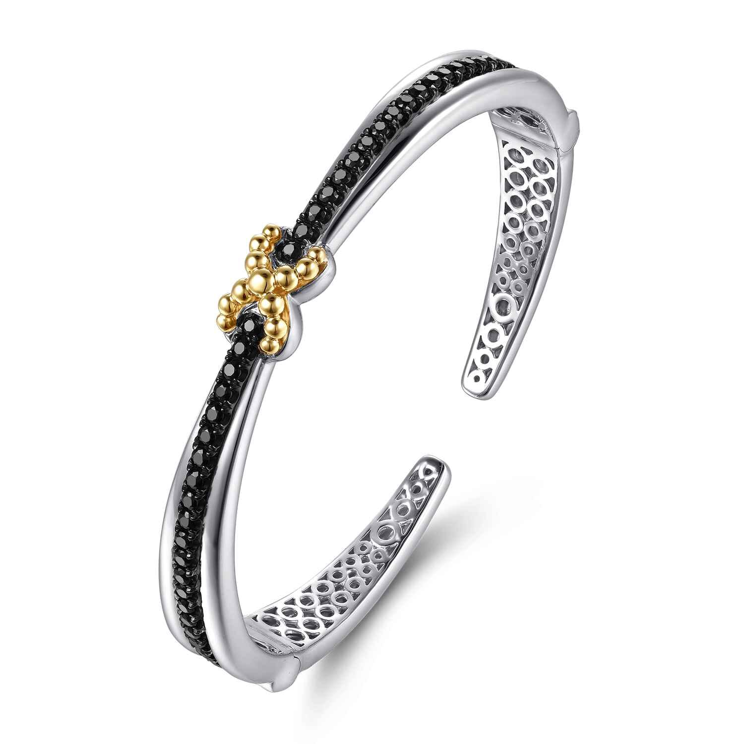 14K Yellow Gold and 925 Sterling Silver Bujukan Black Spinel Criss Cross Bangle Bracelet - Shot 2
