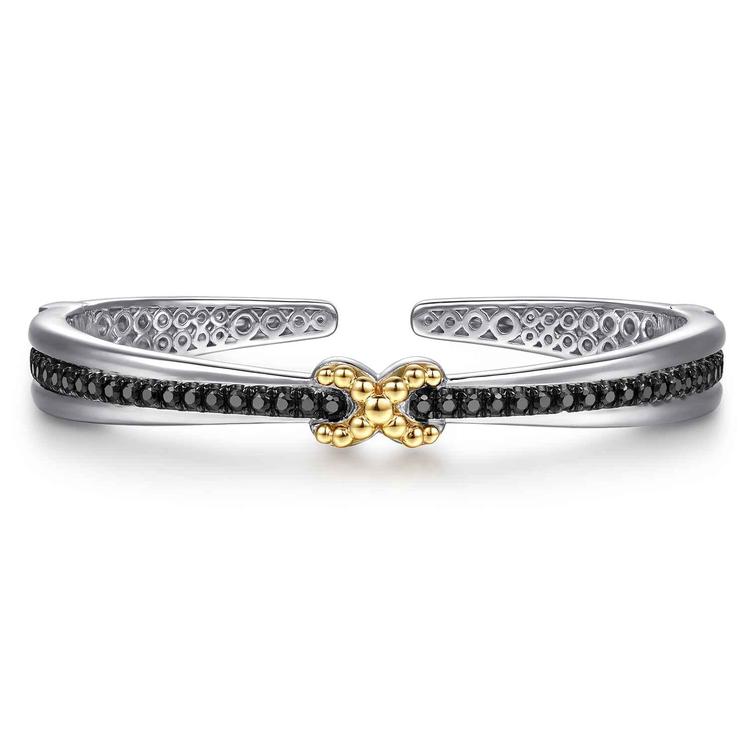 14K Yellow Gold and 925 Sterling Silver Bujukan Black Spinel Criss Cross Bangle Bracelet - Shot 1