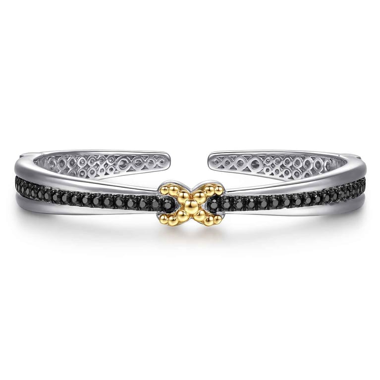 14K Yellow Gold and 925 Sterling Silver Bujukan Black Spinel Criss Cross Bangle Bracelet - Shot 1