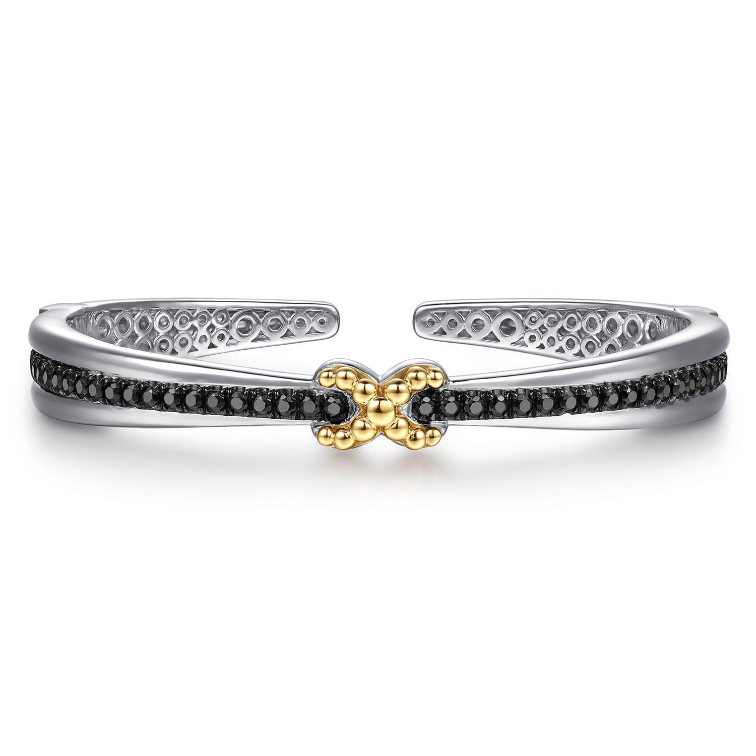 14K Yellow Gold and 925 Sterling Silver Bujukan Black Spinel Criss Cross Bangle Bracelet - Shot 1