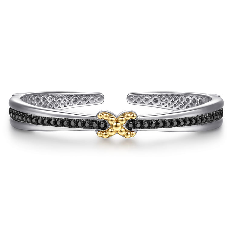 14K Yellow Gold and 925 Sterling Silver Bujukan Black Spinel Criss Cross Bangle Bracelet - Shot 1
