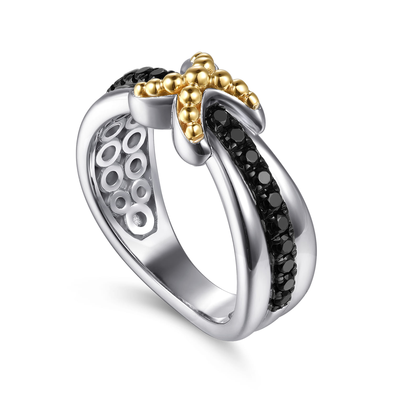 14K Yellow Gold and 925 Sterling Silver Bujukan Black Spinel Criss Cross Ladies Ring - Shot 3