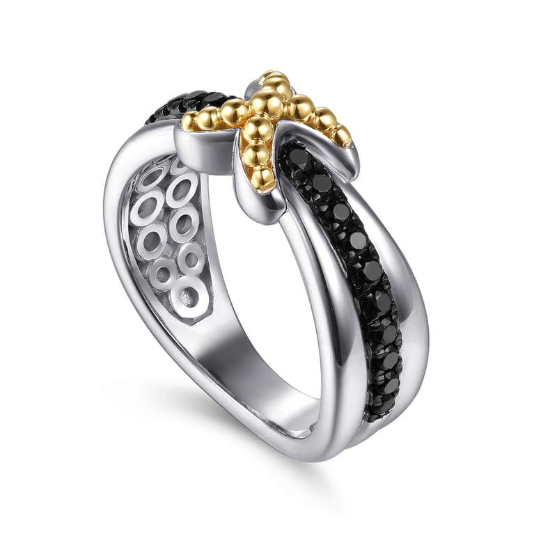 14K Yellow Gold and 925 Sterling Silver Bujukan Black Spinel Criss Cross Ladies Ring - Shot 3