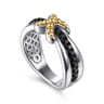 14K Yellow Gold and 925 Sterling Silver Bujukan Black Spinel Criss Cross Ladies Ring