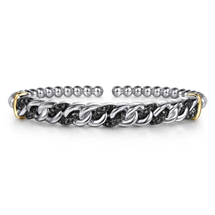 14K Yellow Gold and 925 Sterling Silver Bujukan Black Spinel Cuban Link Bangle
