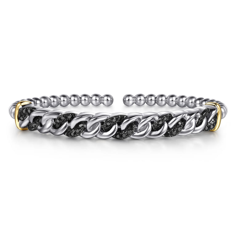 14K Yellow Gold and 925 Sterling Silver Bujukan Black Spinel Cuban Link Bangle - Shot 1