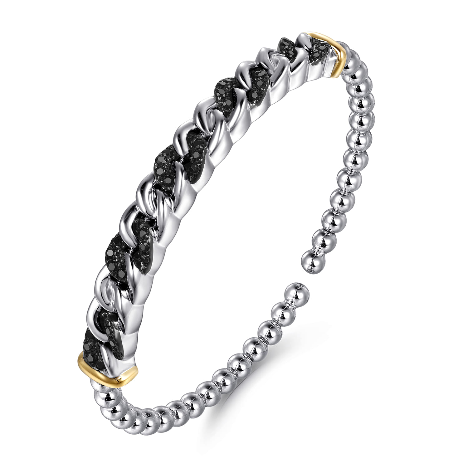 14K Yellow Gold and 925 Sterling Silver Bujukan Black Spinel Cuban Link Bangle - Shot 2