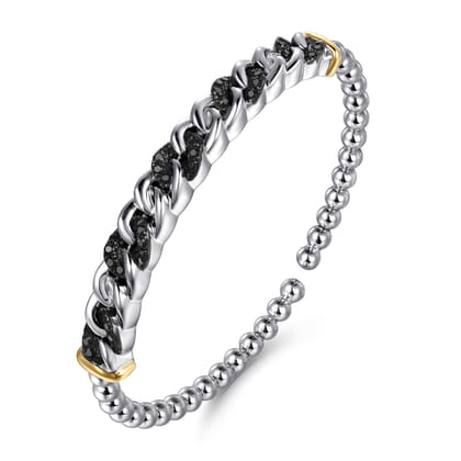 14K Yellow Gold and 925 Sterling Silver Bujukan Black Spinel Cuban Link Bangle