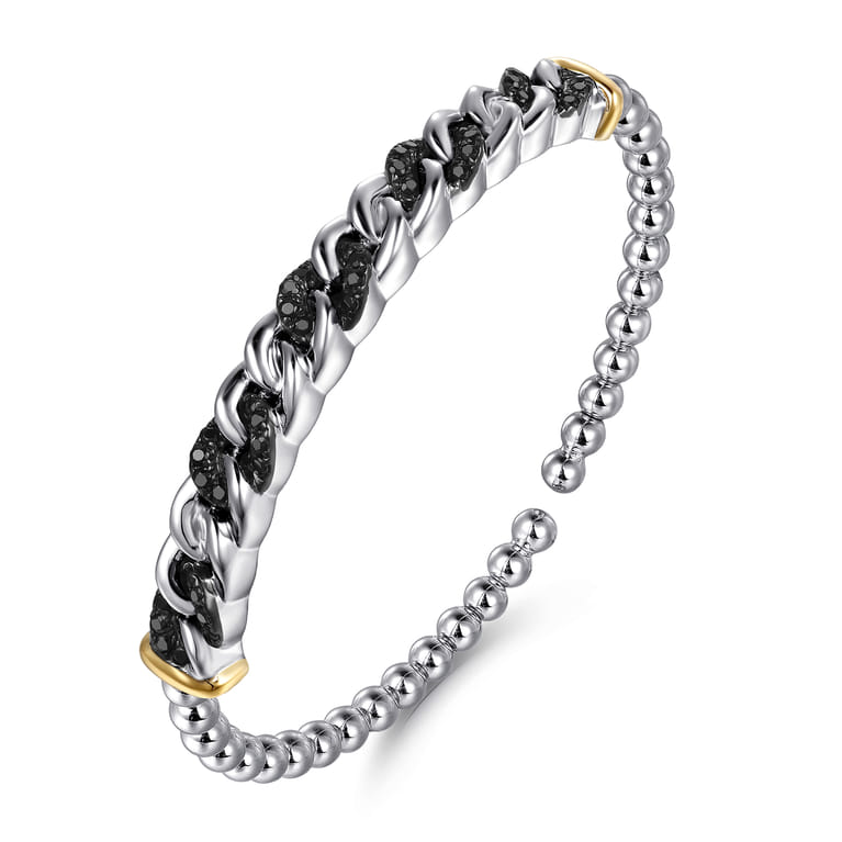 14K Yellow Gold and 925 Sterling Silver Bujukan Black Spinel Cuban Link Bangle - Shot 2