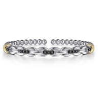 14K Yellow Gold and 925 Sterling Silver Bujukan Black Spinel Link Cuff Bangle Bracelet
