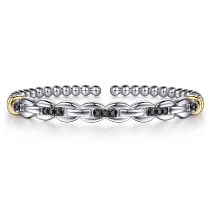 14K Yellow Gold and 925 Sterling Silver Bujukan Black Spinel Link Cuff Bangle Bracelet