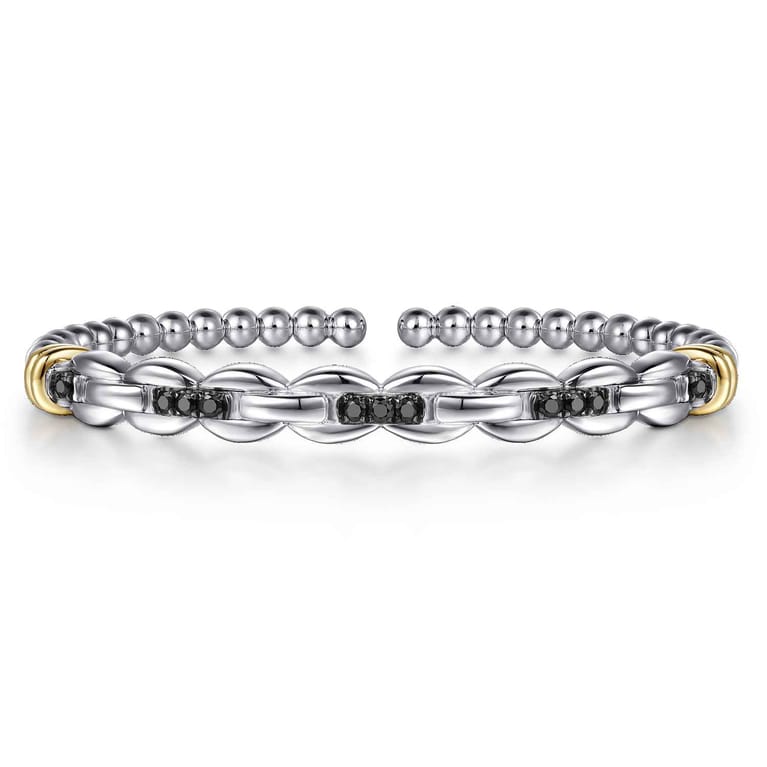 14K Yellow Gold and 925 Sterling Silver Bujukan Black Spinel Link Cuff Bangle Bracelet - Shot 1