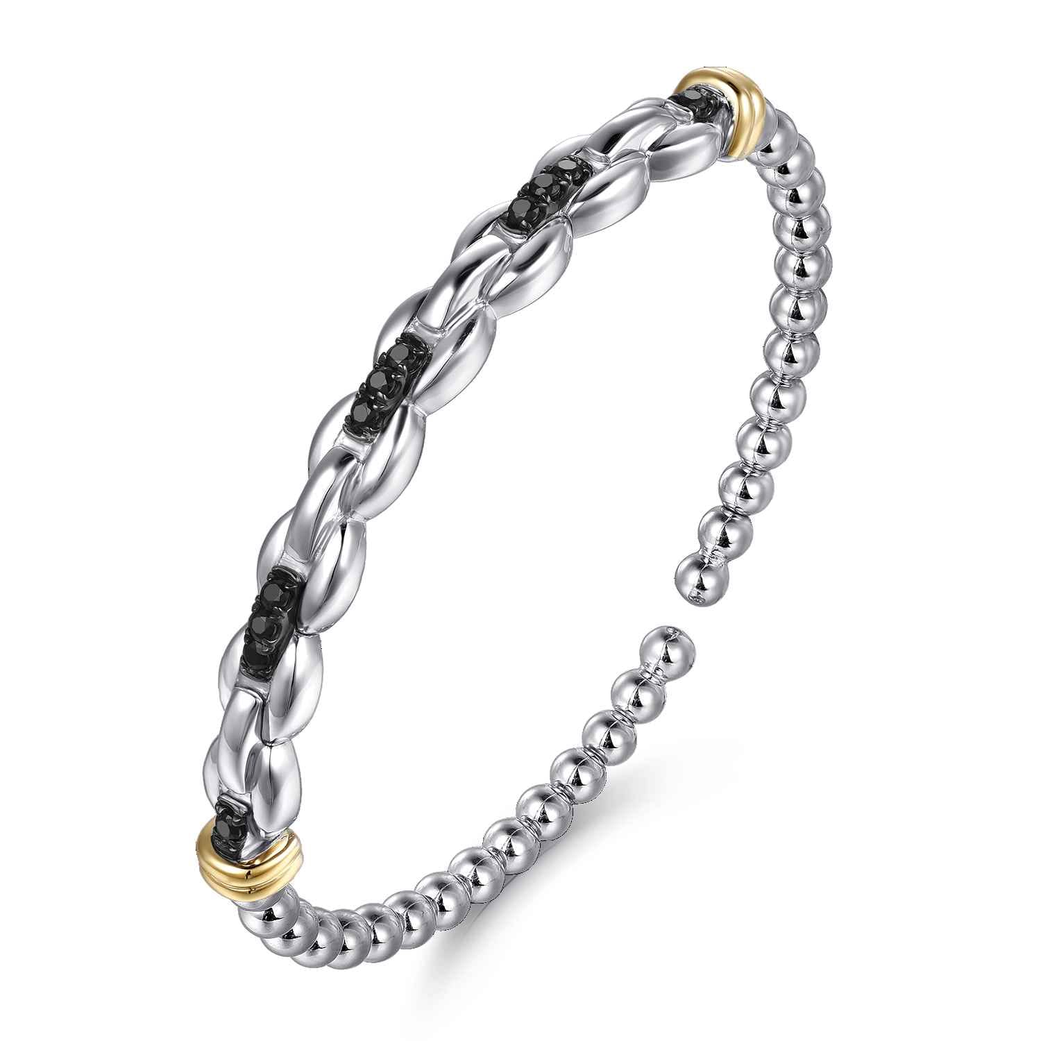 14K Yellow Gold and 925 Sterling Silver Bujukan Black Spinel Link Cuff Bangle Bracelet - Shot 2