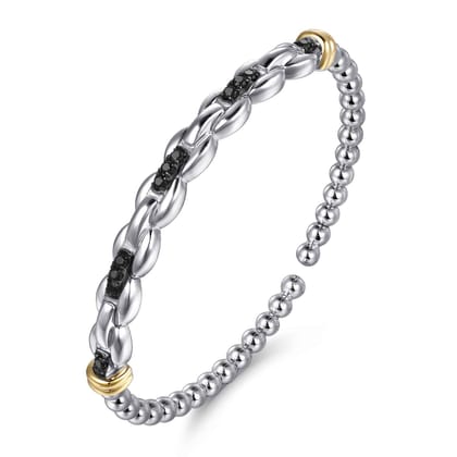 14K Yellow Gold and 925 Sterling Silver Bujukan Black Spinel Link Cuff Bangle Bracelet