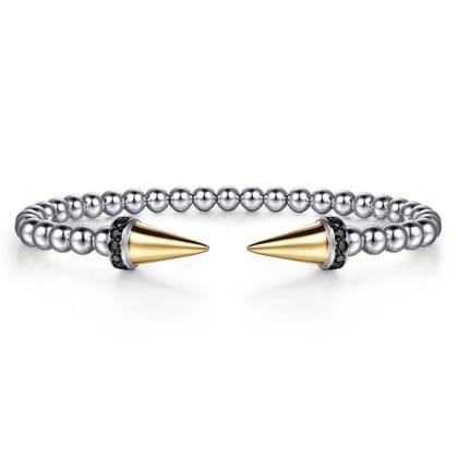 14K Yellow Gold and 925 Sterling Silver Bujukan Black Spinel Punk Bangle Bracelet