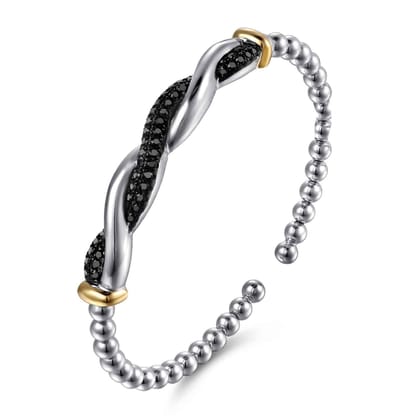 14K Yellow Gold and 925 Sterling Silver Bujukan Black Spinel Twisted Bangle Bracelet