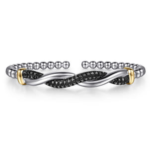 14K Yellow Gold and 925 Sterling Silver Bujukan Black Spinel Twisted Bangle Bracelet