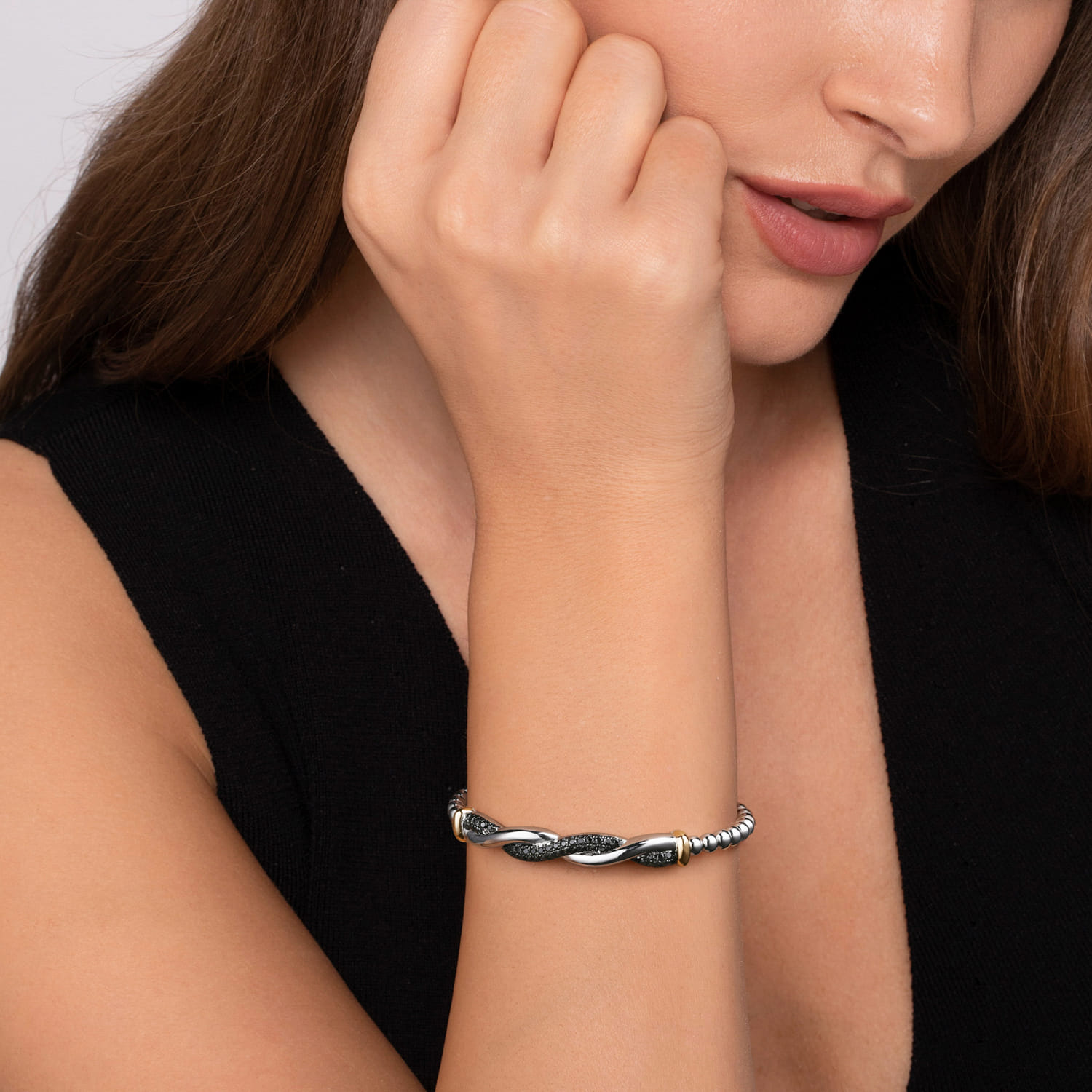 14K Yellow Gold and 925 Sterling Silver Bujukan Black Spinel Twisted Bangle Bracelet