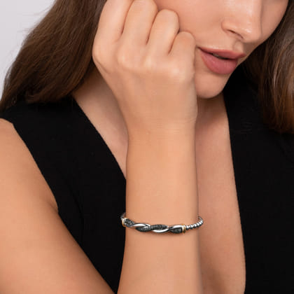 14K Yellow Gold and 925 Sterling Silver Bujukan Black Spinel Twisted Bangle Bracelet