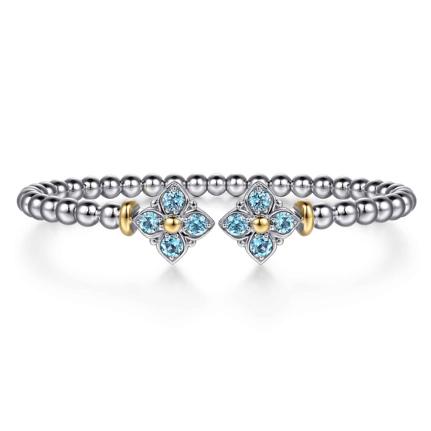 14K Yellow Gold and 925 Sterling Silver Bujukan Blue Topaz Clovers Bangle Bracelet