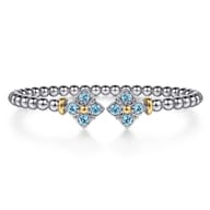14K Yellow Gold and 925 Sterling Silver Bujukan Blue Topaz Clovers Bangle Bracelet