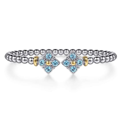 14K Yellow Gold and 925 Sterling Silver Bujukan Blue Topaz Clovers Bangle Bracelet