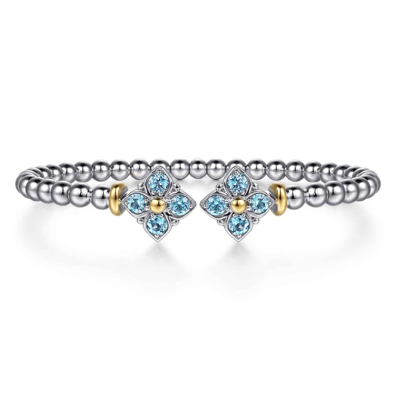 14K Yellow Gold and 925 Sterling Silver Bujukan Blue Topaz Clovers Bangle Bracelet - Shot 1
