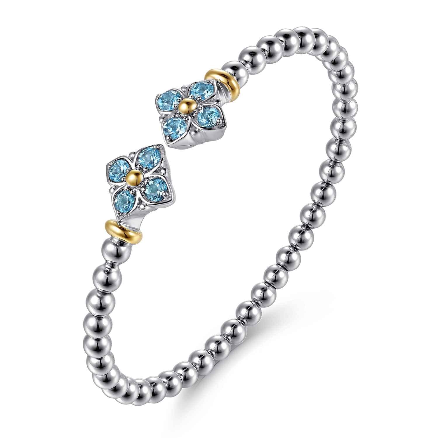 14K Yellow Gold and 925 Sterling Silver Bujukan Blue Topaz Clovers Bangle Bracelet