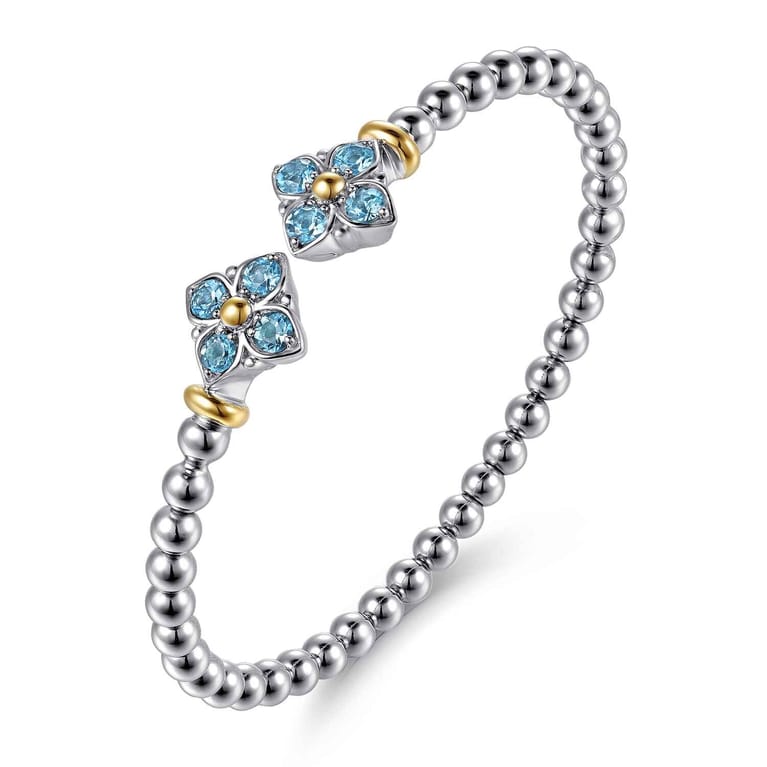 14K Yellow Gold and 925 Sterling Silver Bujukan Blue Topaz Clovers Bangle Bracelet - Shot 2
