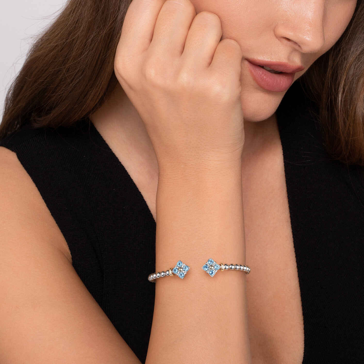 14K Yellow Gold and 925 Sterling Silver Bujukan Blue Topaz Clovers Bangle Bracelet