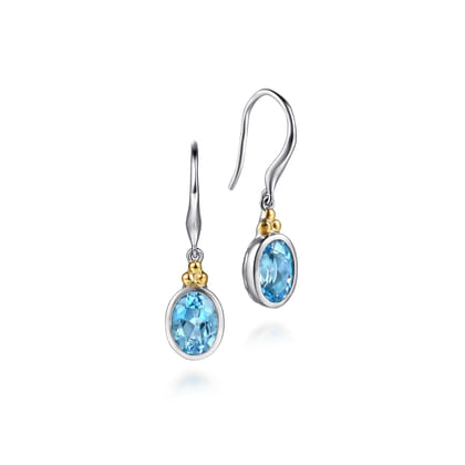 14K Yellow Gold and 925 Sterling Silver Bujukan Blue Topaz Drop Earrings