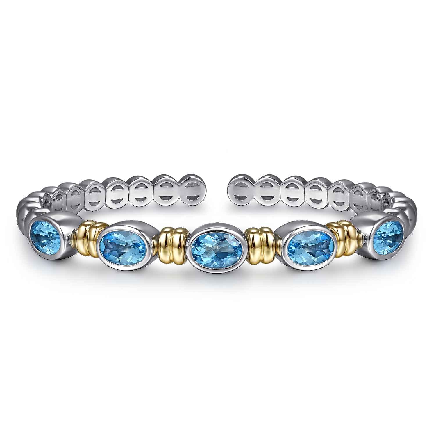14K Yellow Gold and 925 Sterling Silver Bujukan Blue Topaz Open Bangle Bracelet - Shot 1