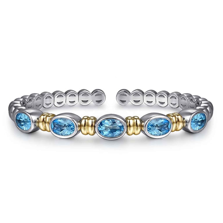 14K Yellow Gold and 925 Sterling Silver Bujukan Blue Topaz Open Bangle Bracelet - Shot 1