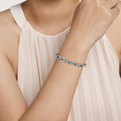 14K Yellow Gold and 925 Sterling Silver Bujukan Blue Topaz Open Bangle Bracelet