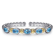 14K Yellow Gold and 925 Sterling Silver Bujukan Blue Topaz Open Bangle Bracelet