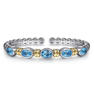 14K Yellow Gold and 925 Sterling Silver Bujukan Blue Topaz Open Bangle Bracelet