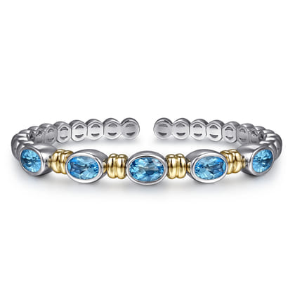 14K Yellow Gold and 925 Sterling Silver Bujukan Blue Topaz Open Bangle Bracelet