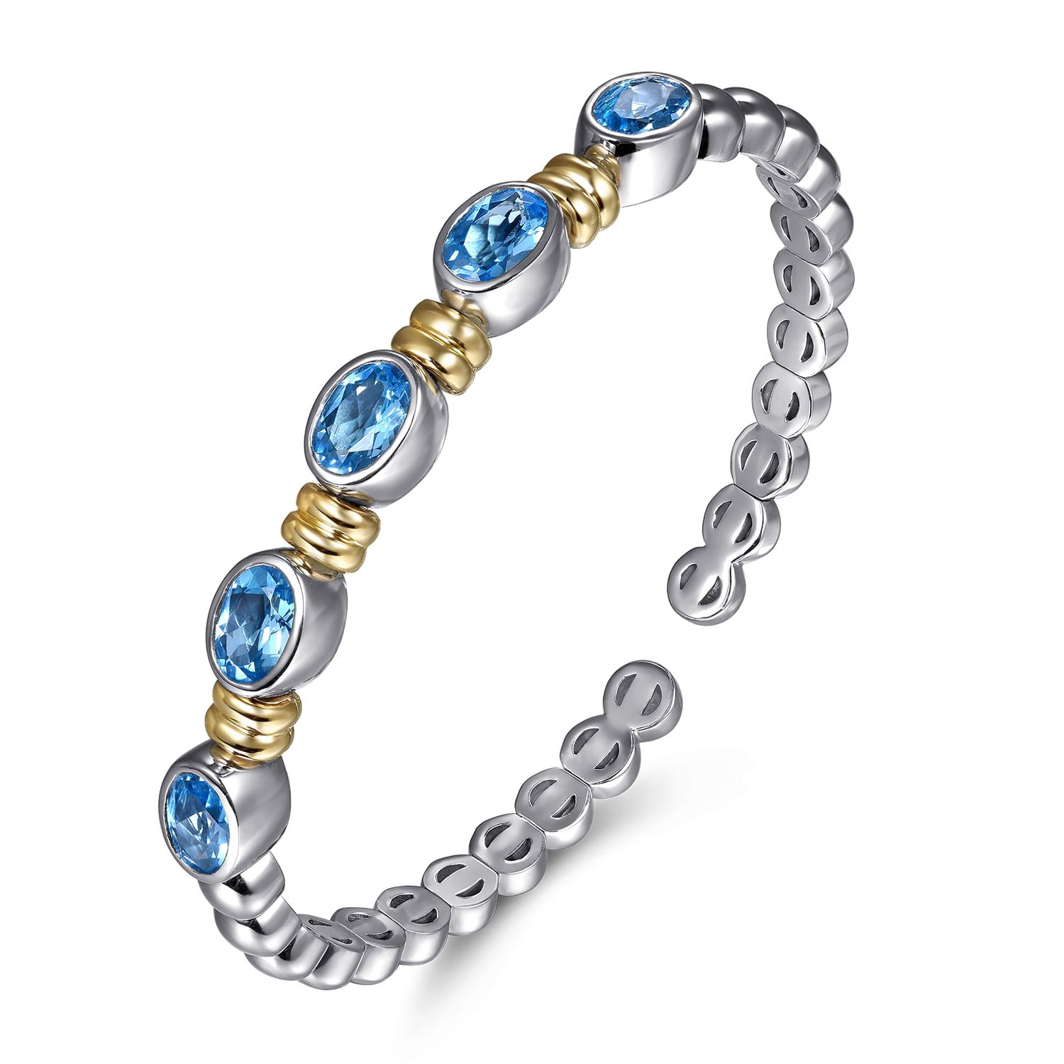 14K Yellow Gold and 925 Sterling Silver Bujukan Blue Topaz Open Bangle Bracelet