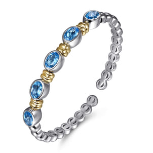 14K Yellow Gold and 925 Sterling Silver Bujukan Blue Topaz Open Bangle Bracelet