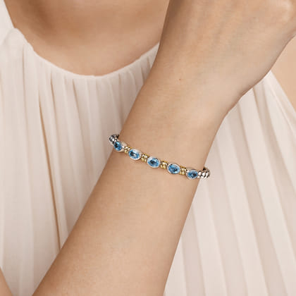 14K Yellow Gold and 925 Sterling Silver Bujukan Blue Topaz Open Bangle Bracelet