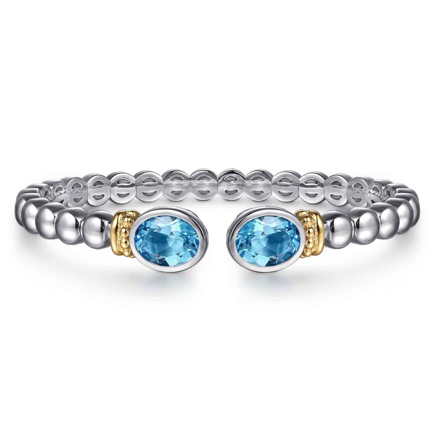 14K Yellow Gold and 925 Sterling Silver Bujukan Blue Topaz Open Bangle Bracelet