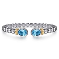14K Yellow Gold and 925 Sterling Silver Bujukan Blue Topaz Open Bangle Bracelet